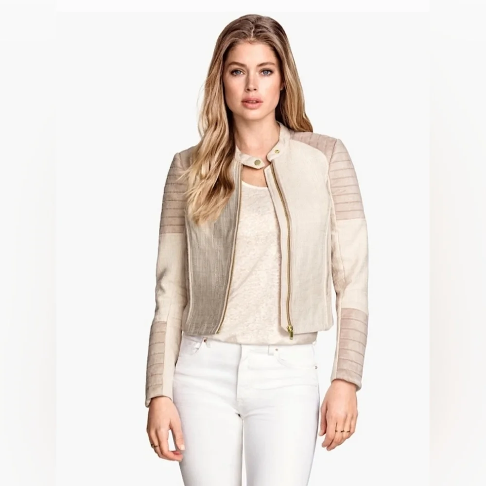 H&M Oatmeal Blazer Biker Jacket Zip-up Womans Sz 2 - Picture 1 of 7